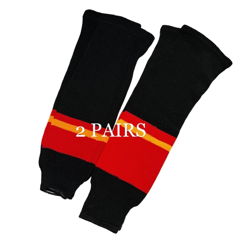 Ice Hockey socks, 2 pairs, Black with Red/Gold Stripes, Men’s Large